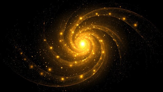 Vibrant golden spiral galaxy with glowing core and scattered star clusters against a deep black cosmic background representing celestial wonder and the universe