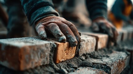 Gloved hand placing brick, mortar visible in a close up shot on a construction site. Use for construction, labor, or home improvement themed projects or advertising.