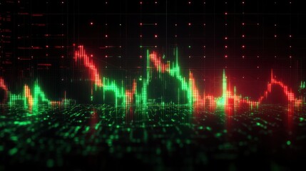 Digital visualization of fluctuating financial or stock market data with glowing red and green candlestick charts on a dark grid background
