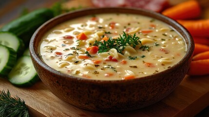 Creamy vegetable noodle soup garnished with herbs in a rustic bowl surrounded by fresh cucumber slices and baby carrots on a wooden surface