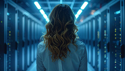 A determined woman navigates the glowing, blue-lit aisles of a cutting-edge data center, embodying the intersection of human innovation and advanced technology in the digital age