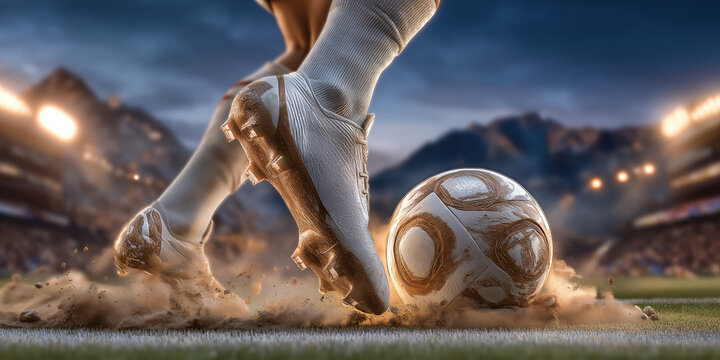 Soccer player skillfully controls the ball, aiming to score against opponents in an intense and thrilling match