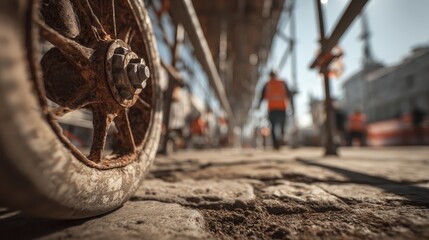 Old rusty wheelbarrow wheel on a construction site with workers passing. Can be used to show industry, decay, labor, or urban redevelopment.