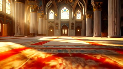 Sunlight streams into an ornate hall with patterned carpets and columns. - Powered by Adobe