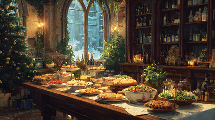 Christmas banquet in a cosy room. Food buffet for the holidays. Generative AI illustration.