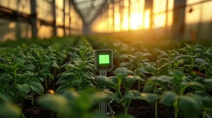 rows of green plants growing in a greenhouse with a small digital sensor device monitoring plant health as warm sunlight filters through translucent roof panels