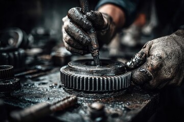 Dirty gloved hands work on a metal gear, with tools in the dark shop. Use for illustrating hard work, mechanics, repair, or industrial themes.