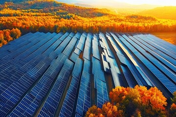 Large solar panel farm surrounded by dense autumn forest with golden and orange foliage under bright sunlight