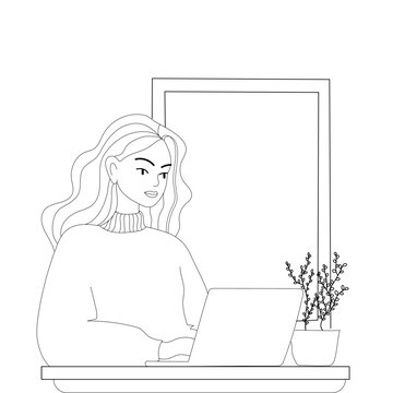 Women working on the laptop, styding online, line art, coloring page for adults, coloring book