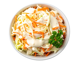A top-down shot of traditional coleslaw salad featuring shredded cabbage, carrots, an 