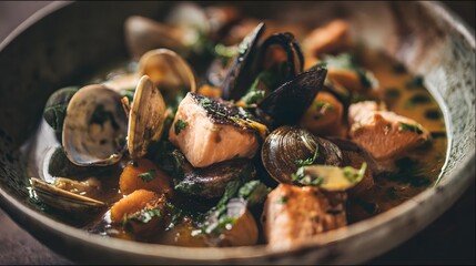Hearty seafood stew simmers in a rustic bowl showcasing fresh clams mussels and salmon chunks