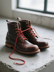 Brown leather boots with red laces on concrete surface indoors  