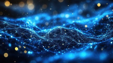 Dynamic network of interconnected blue lines and nodes forming abstract waves with glowing golden bokeh lights creating a futuristic and technological atmosphere