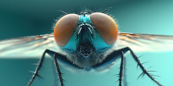 Close-up macro photograph of a metallic green fly with large orange compound eyes and fine hairs on its body and legs against a blue gradient background