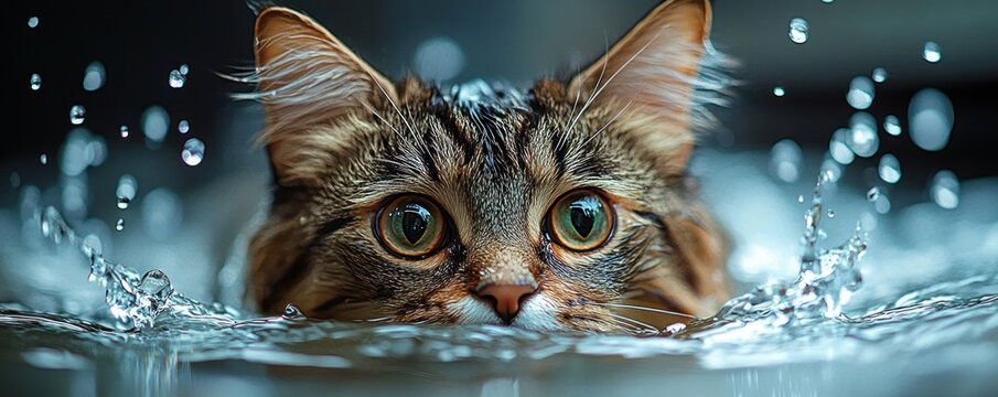 close-up of an attentive cat partially submerged in water with splashes around, wide eyes focused intently