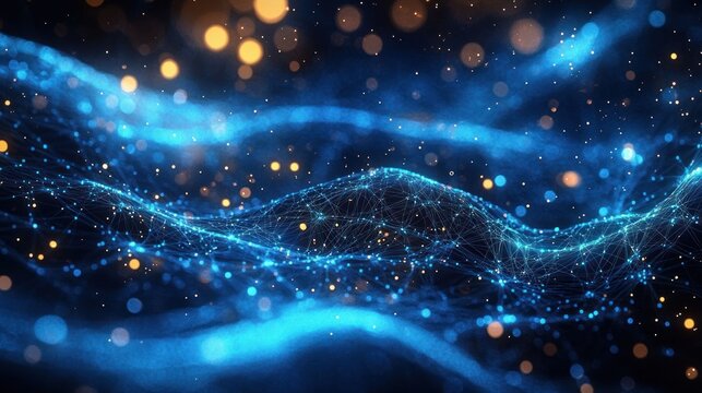 Abstract digital network with interconnected blue glowing nodes and waves surrounded by warm golden bokeh lights creating a futuristic atmosphere