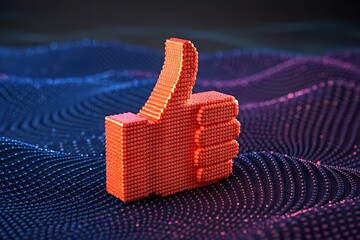 Digital Approval: A vibrant digital thumbs up icon, crafted from countless individual elements, floats against an intricate background of layered data, celebrating online acceptance and approval.
