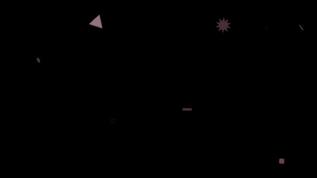 A collection of abstract geometric shapes in various colors and sizes scattered across a black background