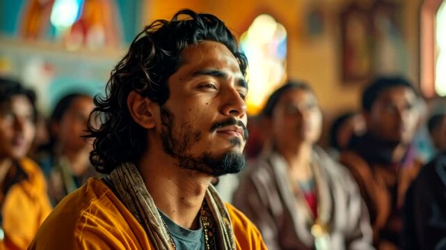 Man with beard looks up attentively in a congregation during a religious service.