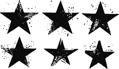 Set of grunge black star imprints with rough textured edges for vintage and distressed design projects 