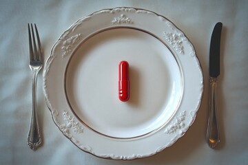 Single red capsule pill on an elegant white porcelain plate with floral patterns, accompanied by a fork and knife on a light cloth surface, evoking minimalistic and contemplative mood