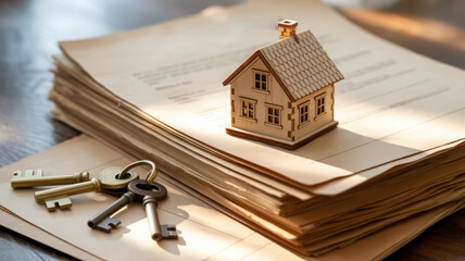 Wooden House Model on Mortgage Docs with Keys, Loan Approved