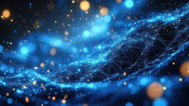 Abstract representation of a glowing blue DNA double helix with interconnected lines and nodes surrounded by floating bright particles on a dark background