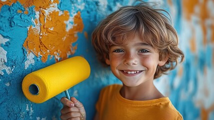 Smiling young child holding a yellow paint roller against a blue and orange textured wall