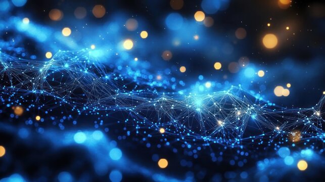 Abstract digital network with interconnected glowing blue nodes and lines, surrounded by soft orange and blue bokeh lights representing data flow and connectivity