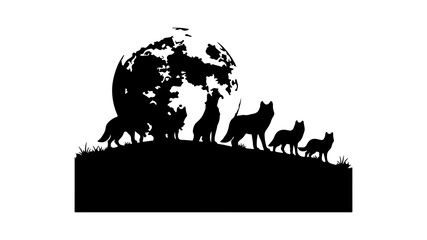 Fox family silhouette under moonlit sky