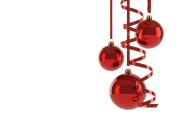 Three gleaming red christmas ornaments with curly ribbons hang elegantly against a stark black background evoking festive holiday cheer