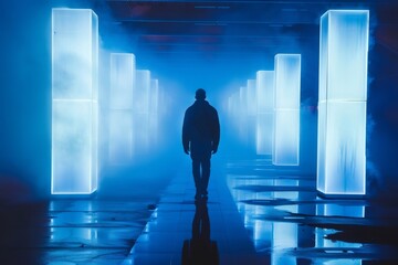 Man walking through futuristic blue neon light corridor