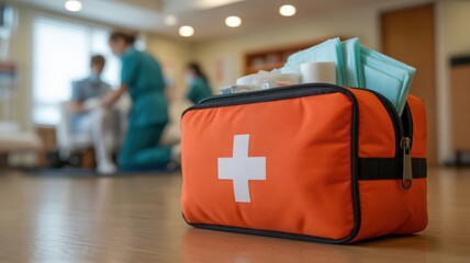 First Aid Bag on Floor with Medical Team in Background