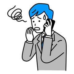 スマートフォンでの通話で困惑するスーツの男性