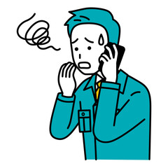 スマートフォンでの通話で困惑する作業員の男性