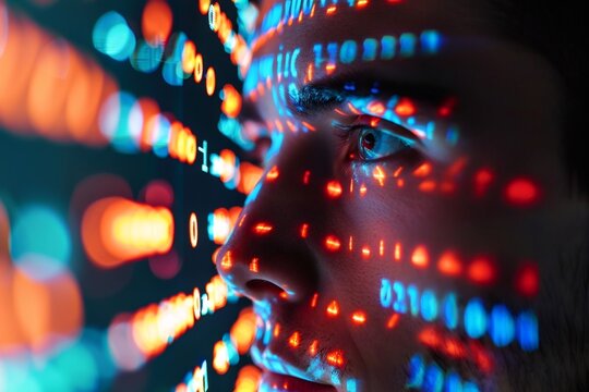 Person observing digital binary code projection on face