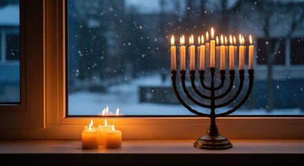 Warm candlelit hanukkah celebration with festive menorah by a snowy window