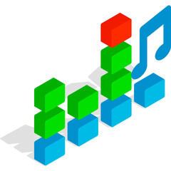 Isometric Music Equalizer Bars With Blue Musical Note Symbol In Bright Lighting And Blue Green Red Colors On Transparent Background