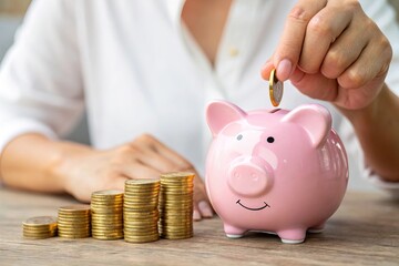 A person’s hand placing golden coins into a piggy bank, symbolizing savings, financial growth, and investment