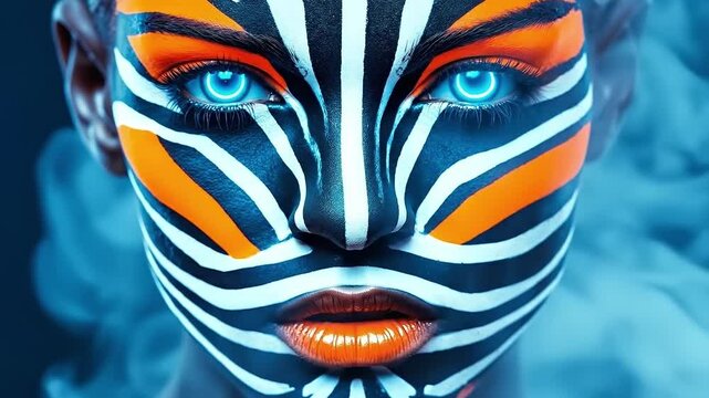 A woman with a zebra face painted like a tiger