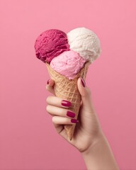 Against a pink background, a hand clutches a cone containing vanilla ice cream