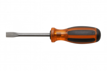 Flat head screwdriver with orange and black handle, a crucial hand tool for repair and construction work