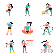 Female athlete doing stretching yoga and endurance fitness exercises illustration Set 2