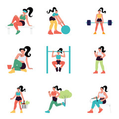Healthy lifestyle woman cycling jogging and practicing outdoor activities illustration Set 3