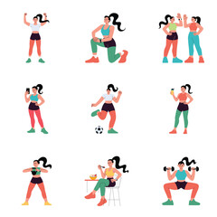 Active woman performing daily gym workouts and strength training illustration Set 1
