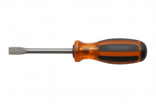 Flat head screwdriver with orange and black handle, a crucial hand tool for repair and construction work