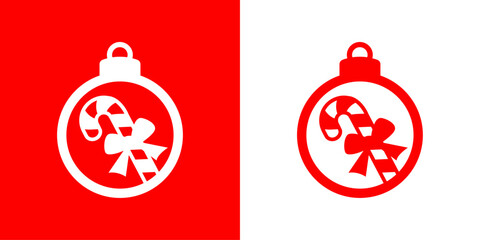 Plakat Logo candy cane de navidad. Silueta de bola de navidad con bastón de caramelo con lazo de regalo para tarjetas y felicitaciones