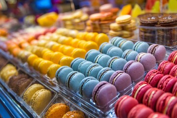 The display features an array of colorful and gourmet macarons and pastries