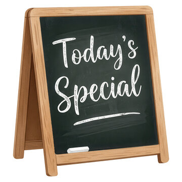Wooden sandwich board displays 'Today's Special' message written in white chalk script isolate