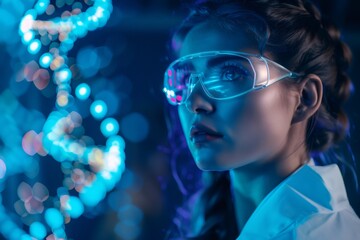 Female scientist researching dna sequencing in futuristic lab